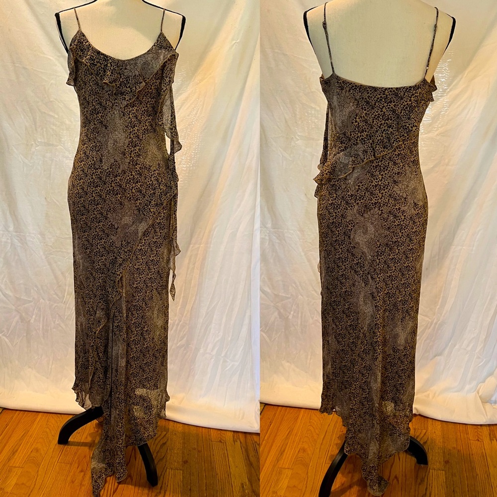 Vintage Y2K silk ruffle beaded asymmetrical mixed print slip dress 🐆